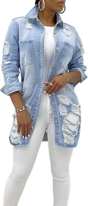 chouyatou Women's Spring Fall Wear Ripped Hole Casual Mid Long Denim Jacket Coat