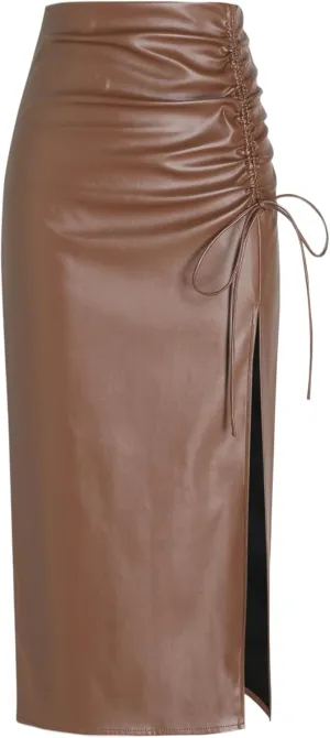 CIDER Faux Leather High Waist Drawstring Split Maxi Skirt