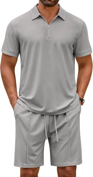 COOFANDY Men's Track Suits 2 Piece Set Quarter Zip Polo Shirt and Shorts Set Summer Casual Outfits