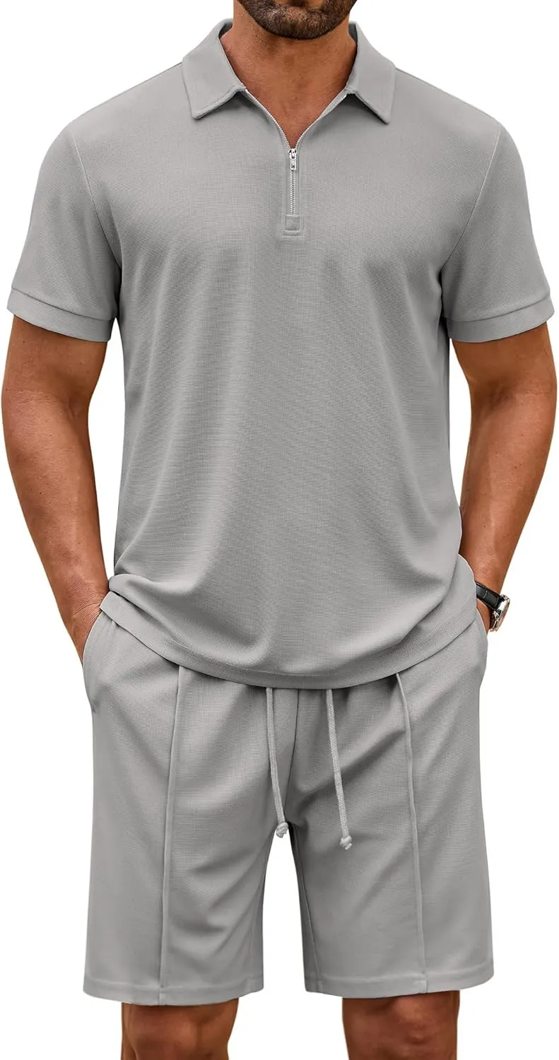 COOFANDY Men's Track Suits 2 Piece Set Quarter Zip Polo Shirt and Shorts Set Summer Casual Outfits