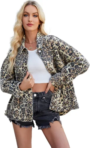 D-Sun Women Casual Denim Jacket Oversized Leopard Stars Printed Boyfriend Vintage Jean Jacket Coat with Pockets
