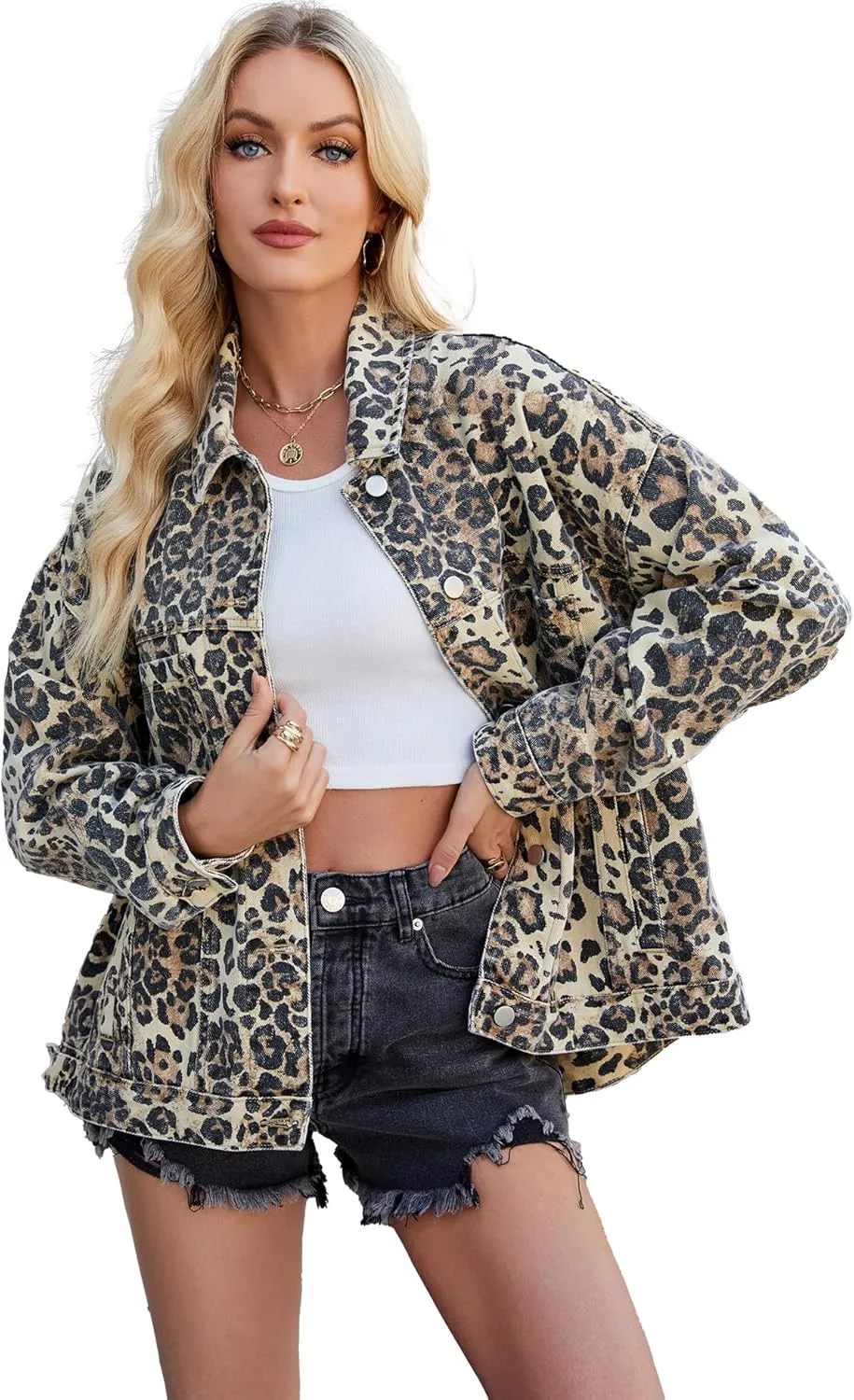 D-Sun Women Casual Denim Jacket Oversized Leopard Stars Printed Boyfriend Vintage Jean Jacket Coat with Pockets