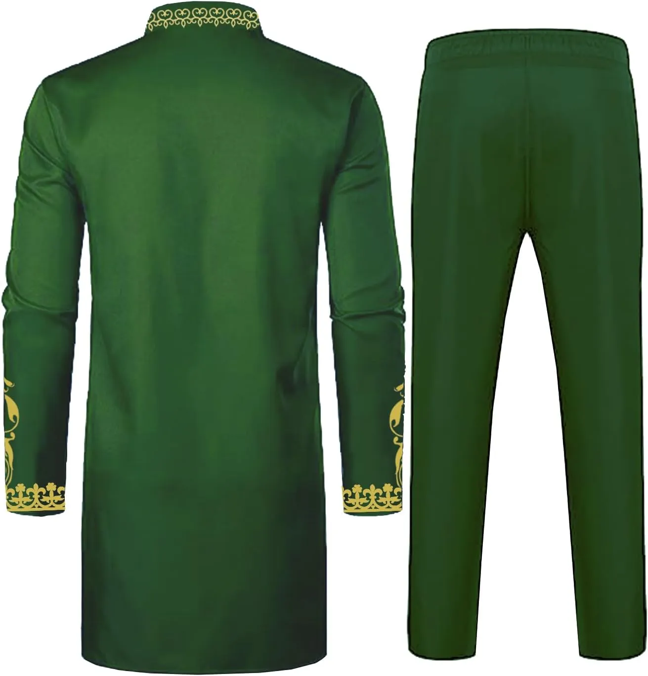 Daupanzees Mens African 2 Piece Set Long Sleeve Gold Print Dashiki and Pants Outfit Traditional Suit