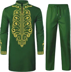 Daupanzees Mens African 2 Piece Set Long Sleeve Gold Print Dashiki and Pants Outfit Traditional Suit