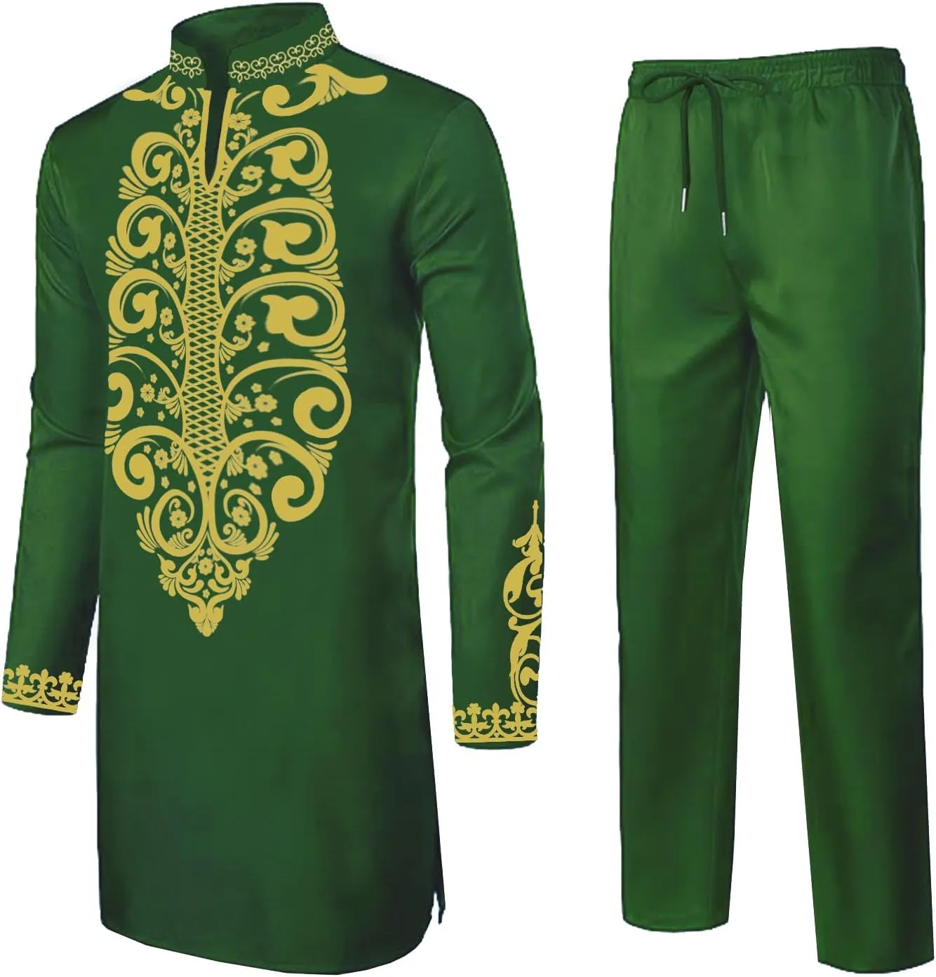 Daupanzees Mens African 2 Piece Set Long Sleeve Gold Print Dashiki and Pants Outfit Traditional Suit