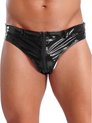 easyforever Men's Sexy Underwear Patent Leather Low Rise Briefs Wet Look Zipper Crotch Underpants