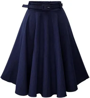 ebossy Womens High Waisted Pleated Plain Flowy Swing Flared Denim Midi Skirt with Belt