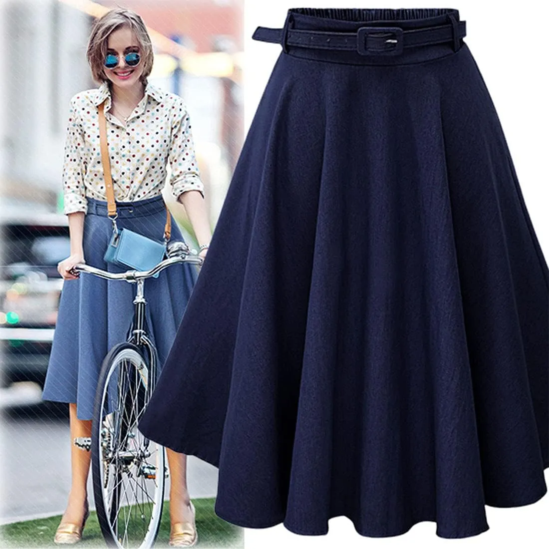 ebossy Womens High Waisted Pleated Plain Flowy Swing Flared Denim Midi Skirt with Belt