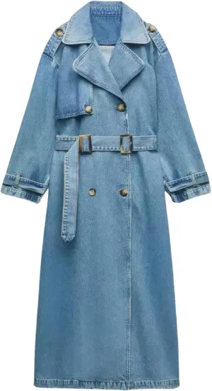 ebossy Women's Lapel Double-Breasted Denim Trench Coat Casual Slim Distressed Washed Long Jean Jacket with Belt