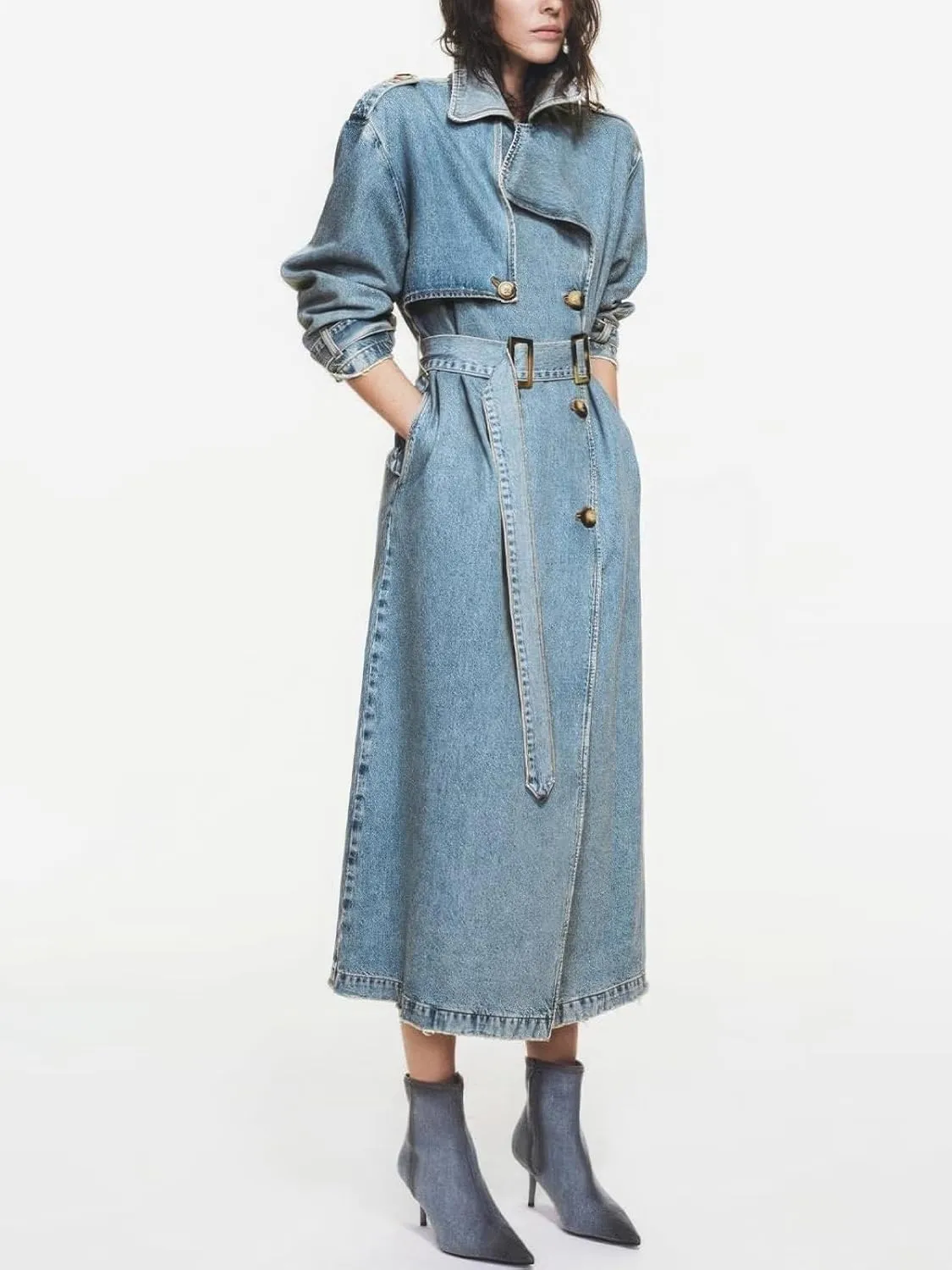 ebossy Women's Lapel Double-Breasted Denim Trench Coat Casual Slim Distressed Washed Long Jean Jacket with Belt