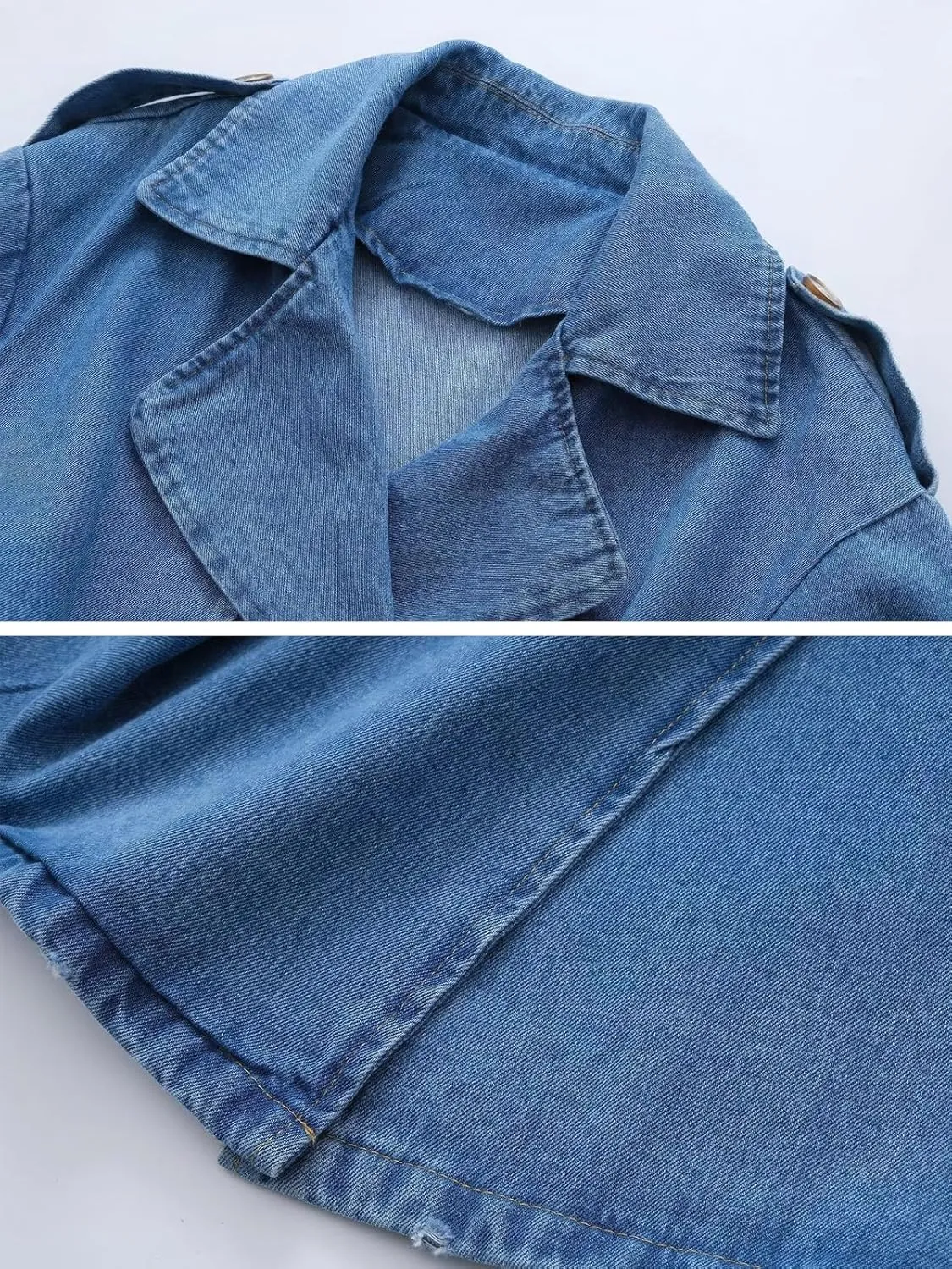 ebossy Women's Lapel Double-Breasted Denim Trench Coat Casual Slim Distressed Washed Long Jean Jacket with Belt