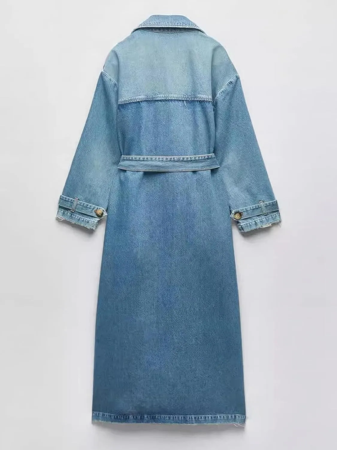 ebossy Women's Lapel Double-Breasted Denim Trench Coat Casual Slim Distressed Washed Long Jean Jacket with Belt