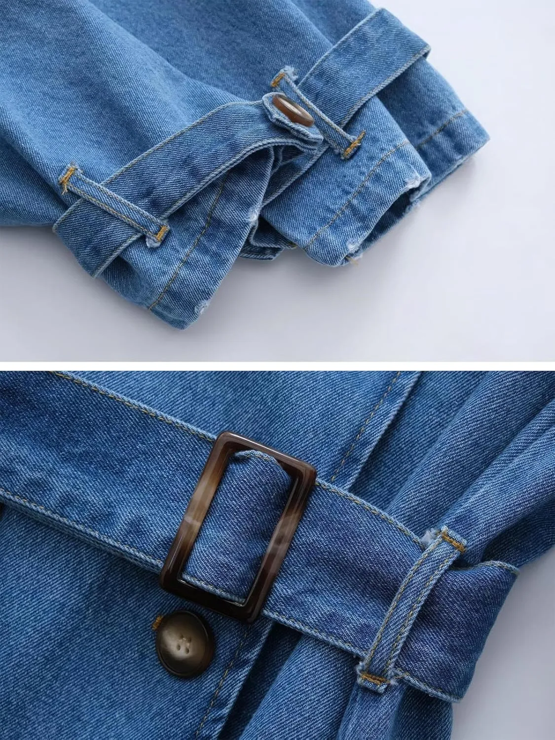 ebossy Women's Lapel Double-Breasted Denim Trench Coat Casual Slim Distressed Washed Long Jean Jacket with Belt