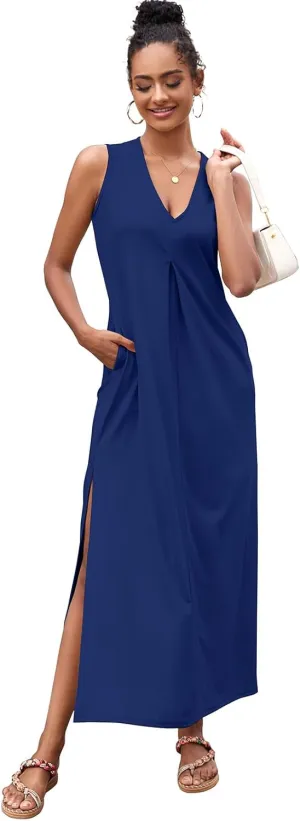 Ekaliy Women Summer Casual Sleeveless Sundress V-Neck Floral Party Maxi Long Beach Dress Vacation Outfits