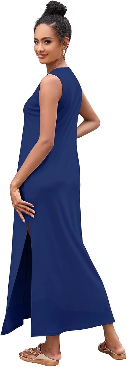 Ekaliy Women Summer Casual Sleeveless Sundress V-Neck Floral Party Maxi Long Beach Dress Vacation Outfits