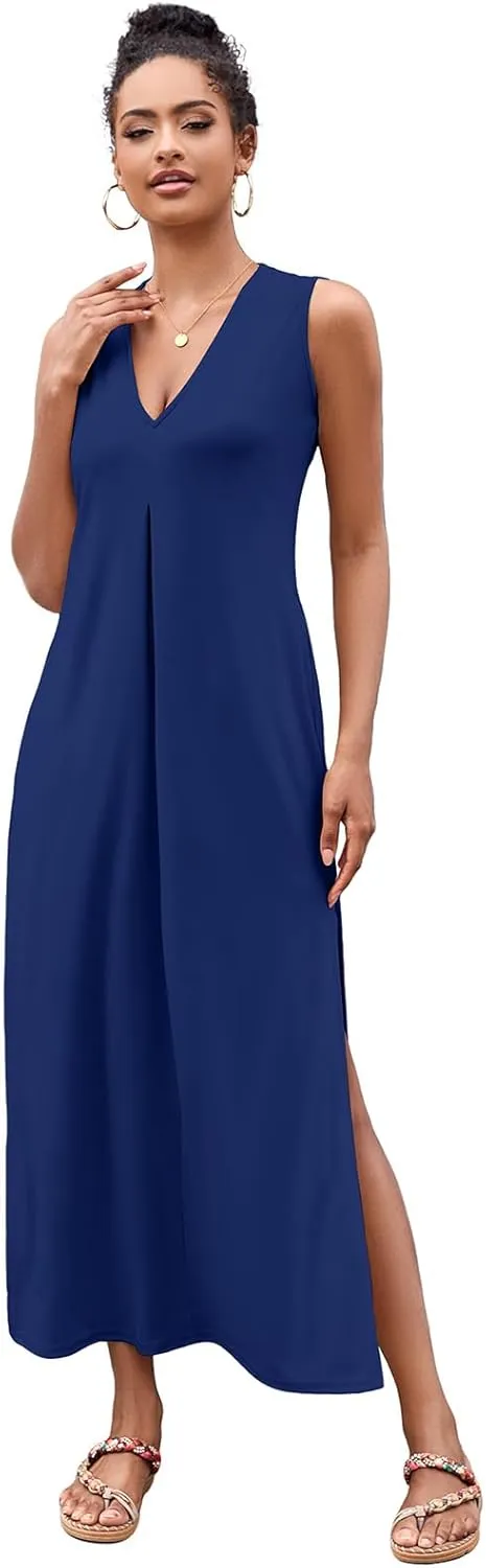 Ekaliy Women Summer Casual Sleeveless Sundress V-Neck Floral Party Maxi Long Beach Dress Vacation Outfits