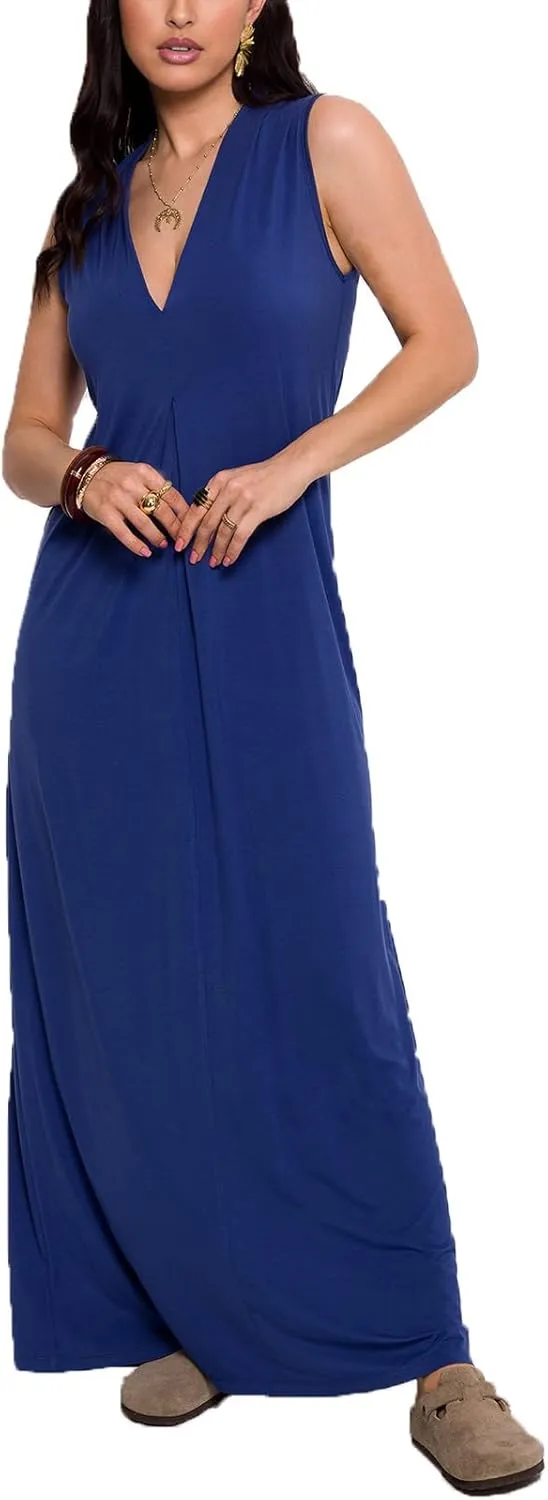 Ekaliy Women Summer Casual Sleeveless Sundress V-Neck Floral Party Maxi Long Beach Dress Vacation Outfits