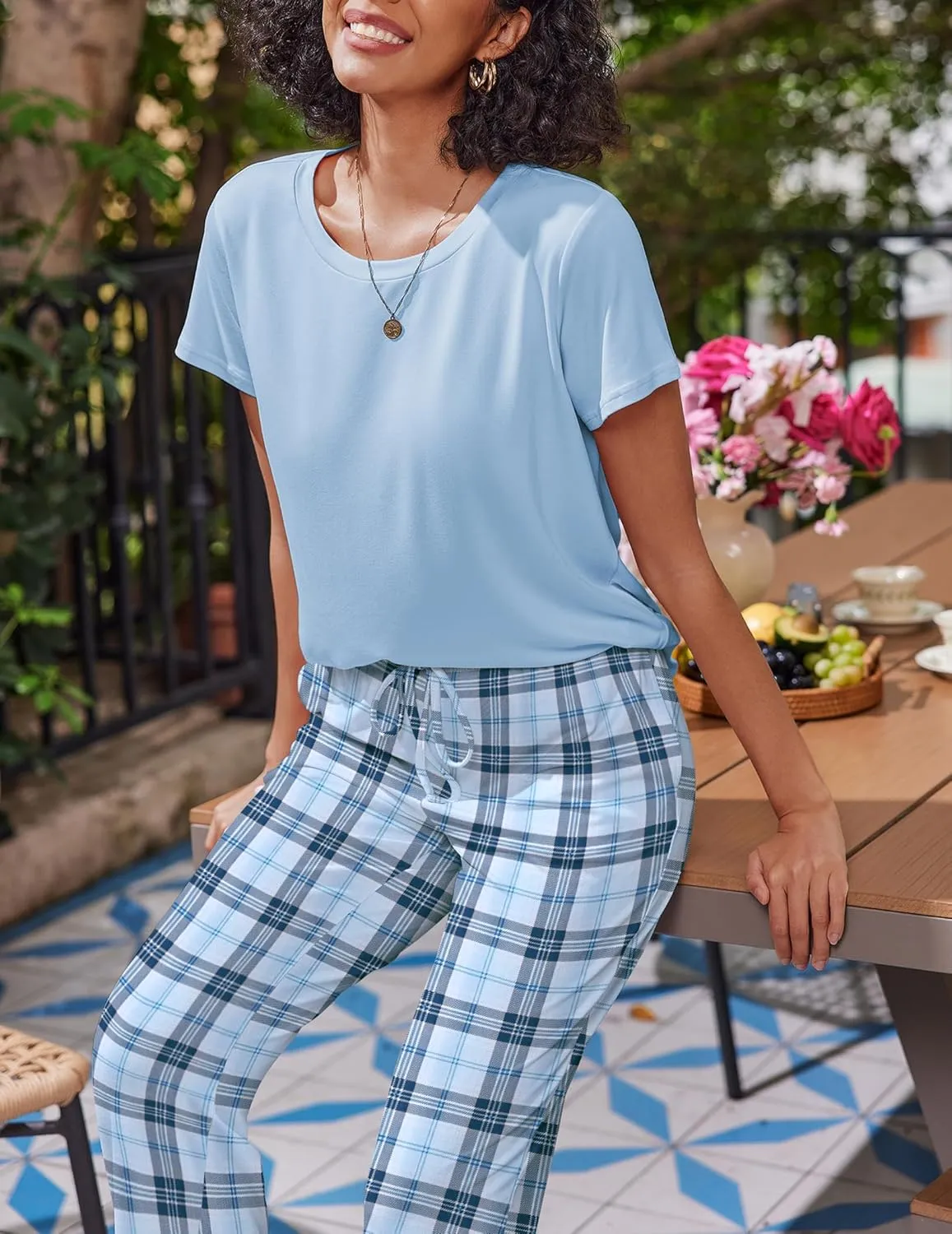 Ekouaer 2 Pack Womens Pajama Sets Short Sleeve Sleepwear Top and Pants 4 Piece Pjs Lounge Sets with Pockets