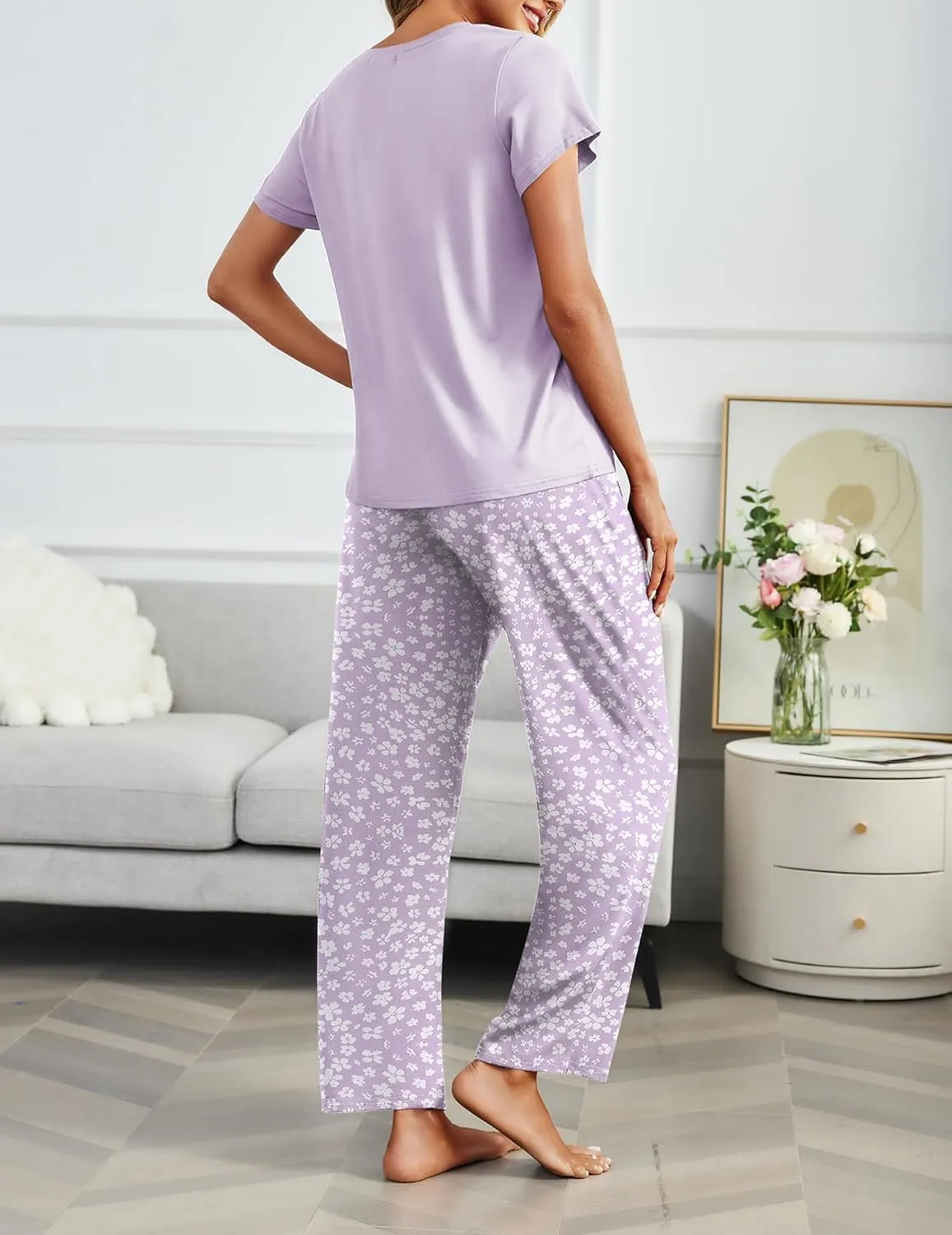 Ekouaer 2 Pack Womens Pajama Sets Short Sleeve Sleepwear Top and Pants 4 Piece Pjs Lounge Sets with Pockets