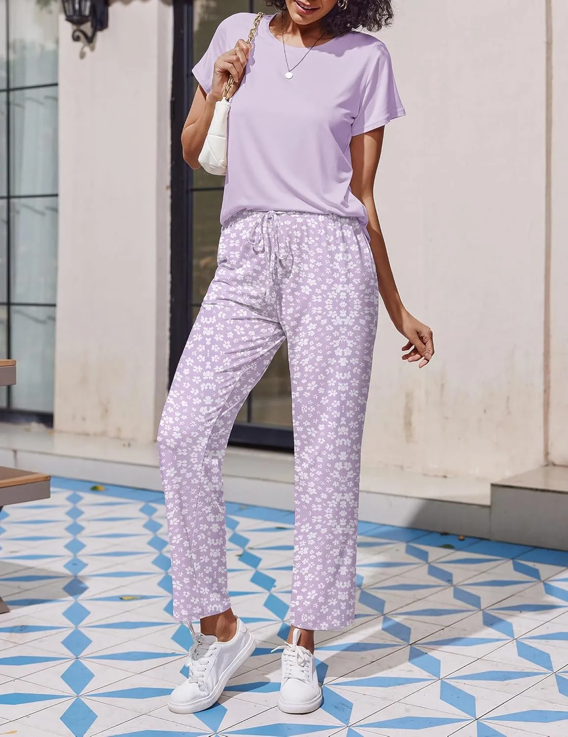 Ekouaer 2 Pack Womens Pajama Sets Short Sleeve Sleepwear Top and Pants 4 Piece Pjs Lounge Sets with Pockets
