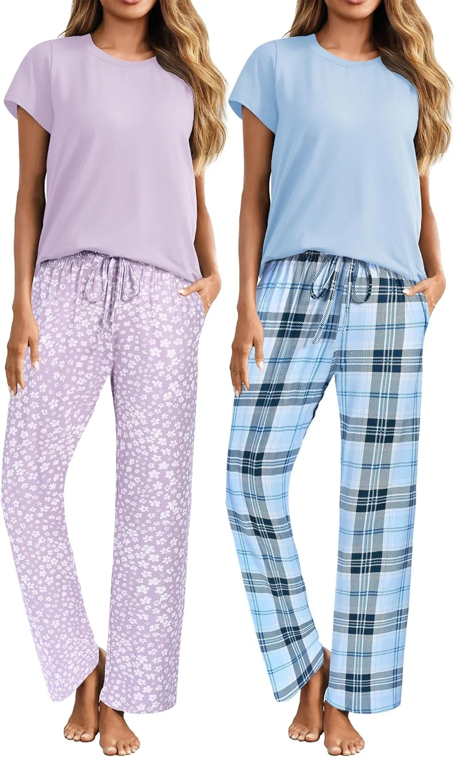 Ekouaer 2 Pack Womens Pajama Sets Short Sleeve Sleepwear Top and Pants 4 Piece Pjs Lounge Sets with Pockets