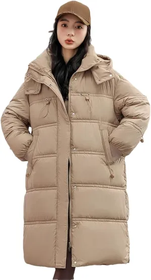 ERFMFKL Women Winter Puffer Jacket Padded Casual Cotton Long Hooded Parkas Clothes Wadded Warm Coat