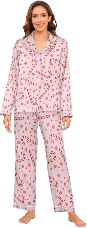 Fisyme Womens Satin Pajama Set Long Sleeve Button Down Sleepwear Nightwear Loungewear Pj Sets S-XXL