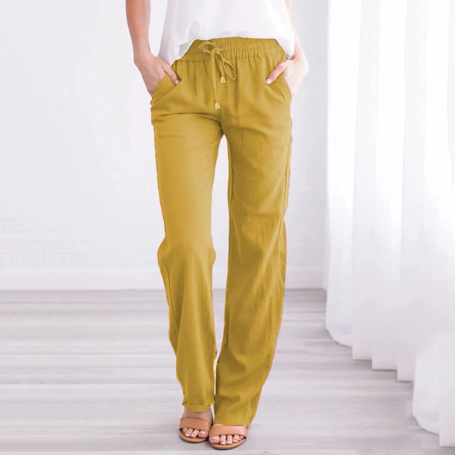 Flowy Pants for Women Elastic Waist Lightweight Wide Leg Trousers Linen Blend Casual Summer Beachwear
