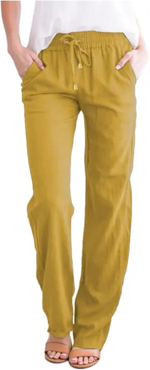 Flowy Pants for Women Elastic Waist Lightweight Wide Leg Trousers Linen Blend Casual Summer Beachwear