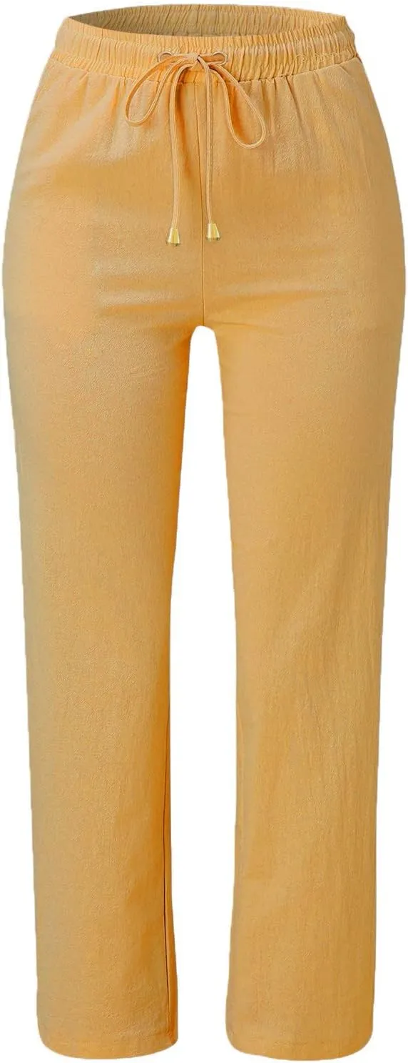 Flowy Pants for Women Elastic Waist Lightweight Wide Leg Trousers Linen Blend Casual Summer Beachwear