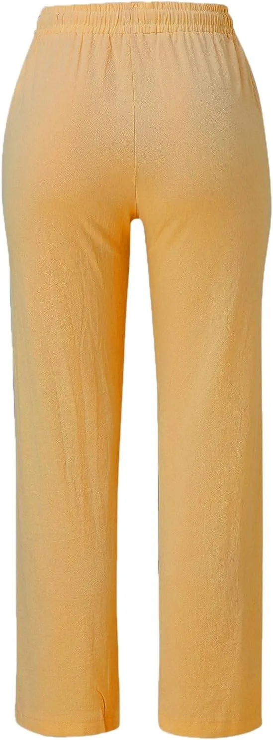 Flowy Pants for Women Elastic Waist Lightweight Wide Leg Trousers Linen Blend Casual Summer Beachwear