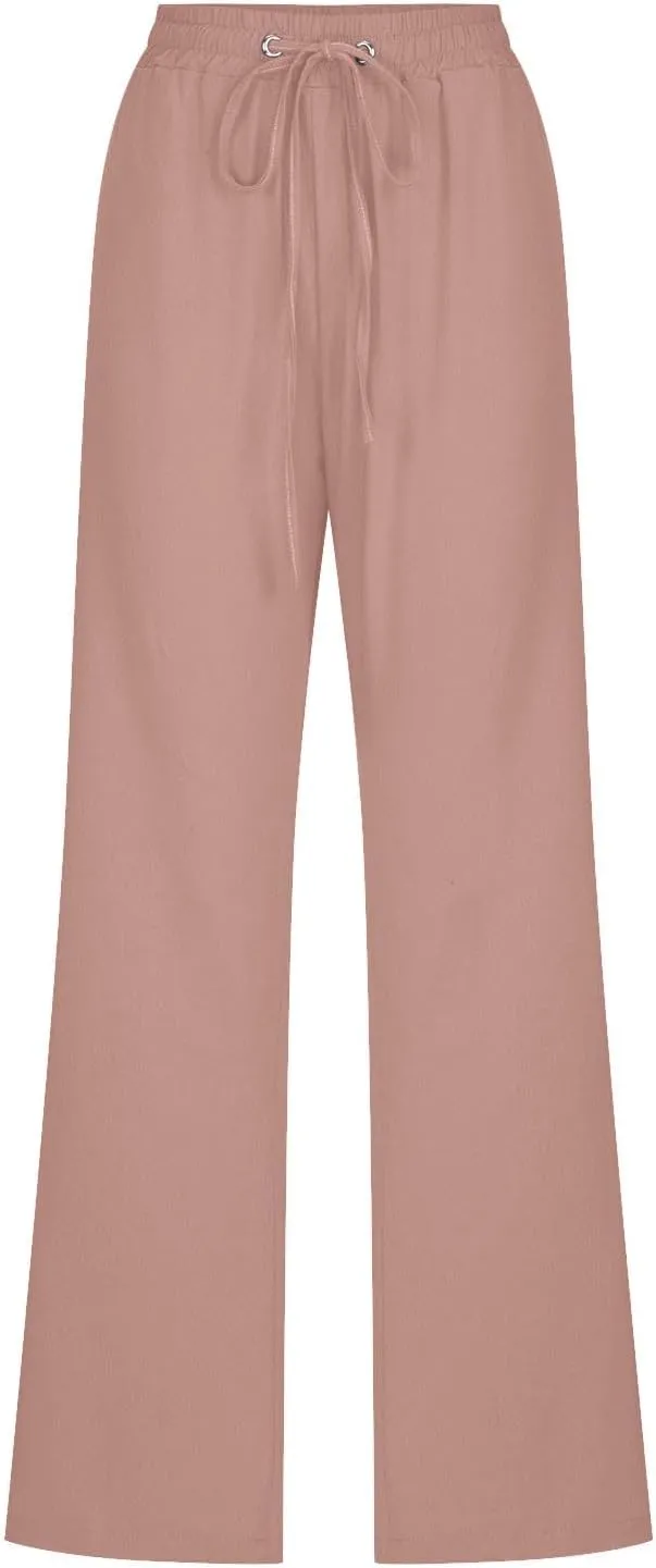 Flowy Pants for Women Elastic Waist Wide Leg Trousers Lightweight Linen Blend Casual Spring and Summer Beachwear