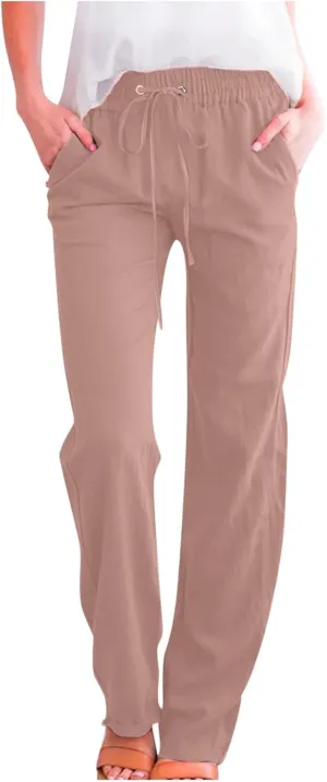 Flowy Pants for Women Elastic Waist Wide Leg Trousers Lightweight Linen Blend Casual Spring and Summer Beachwear