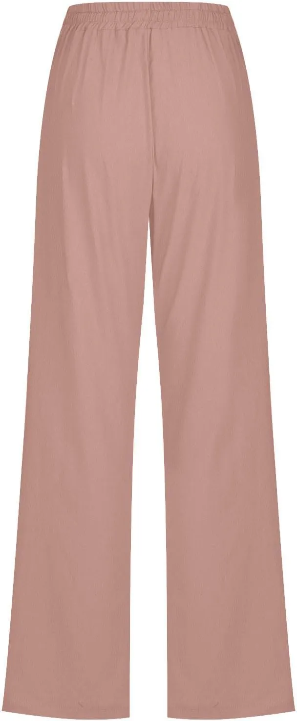 Flowy Pants for Women Elastic Waist Wide Leg Trousers Lightweight Linen Blend Casual Spring and Summer Beachwear