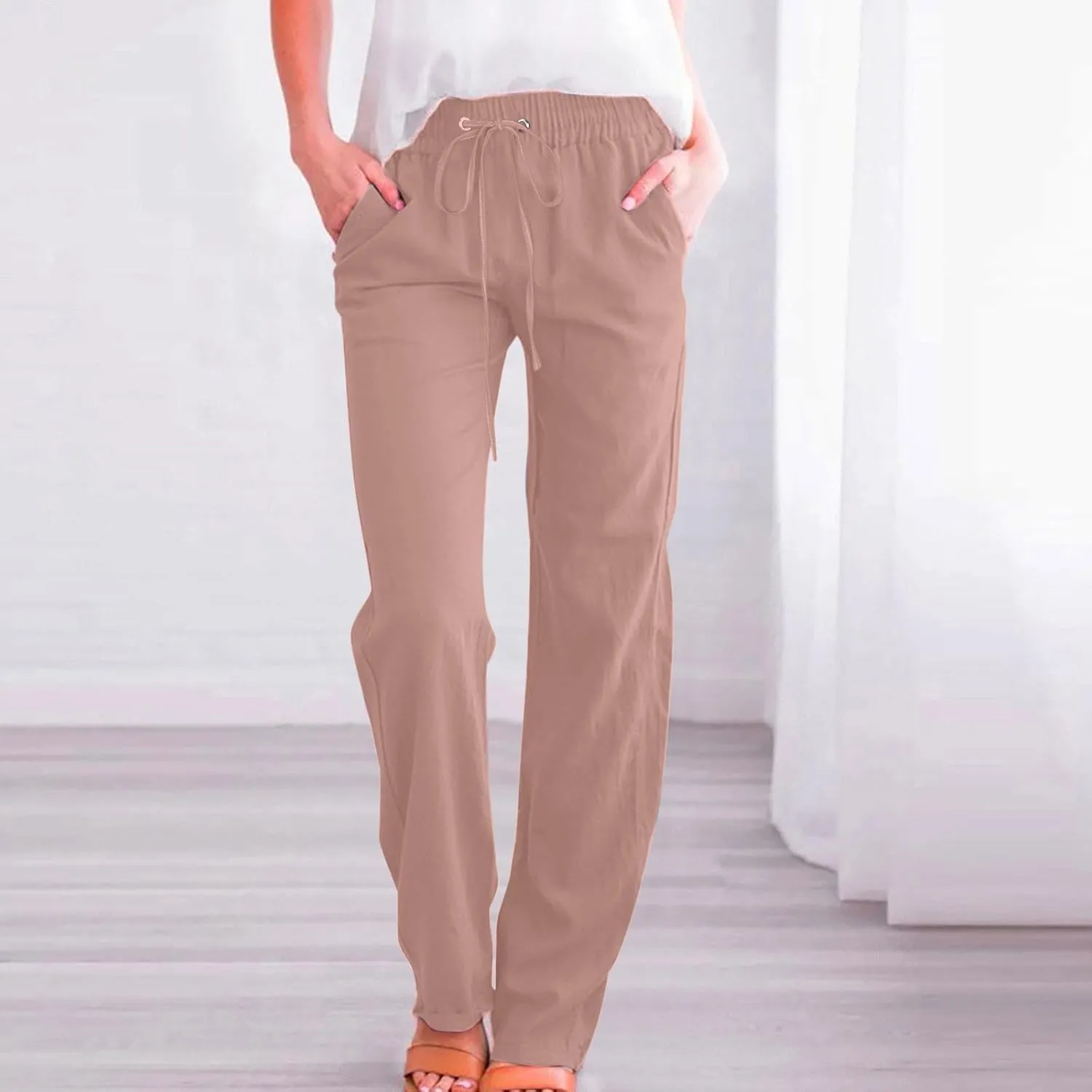 Flowy Pants for Women Elastic Waist Wide Leg Trousers Lightweight Linen Blend Casual Spring and Summer Beachwear
