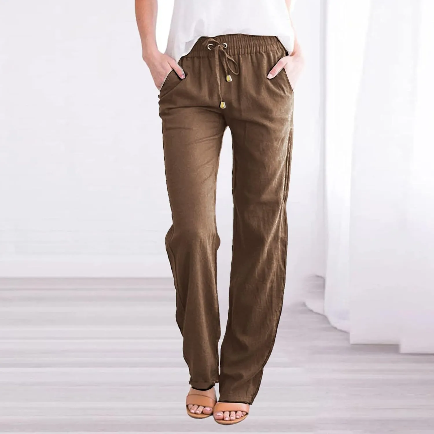 Flowy Pants for Women Elastic Waist Wide Leg Trousers Lightweight Linen Blend Casual Summer Beachwear