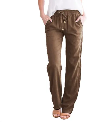 Flowy Pants for Women Elastic Waist Wide Leg Trousers Lightweight Linen Blend Casual Summer Beachwear