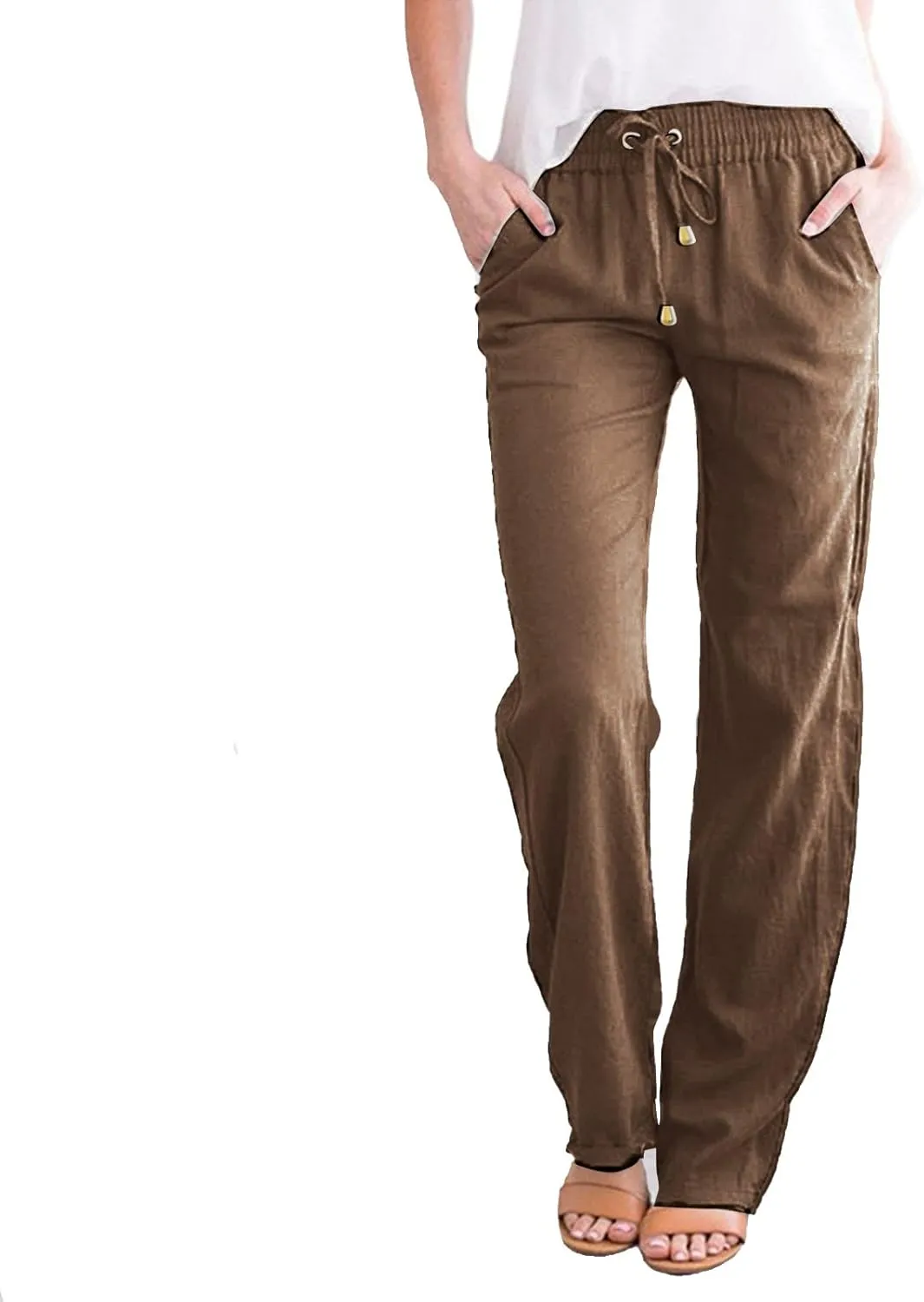 Flowy Pants for Women Elastic Waist Wide Leg Trousers Lightweight Linen Blend Casual Summer Beachwear