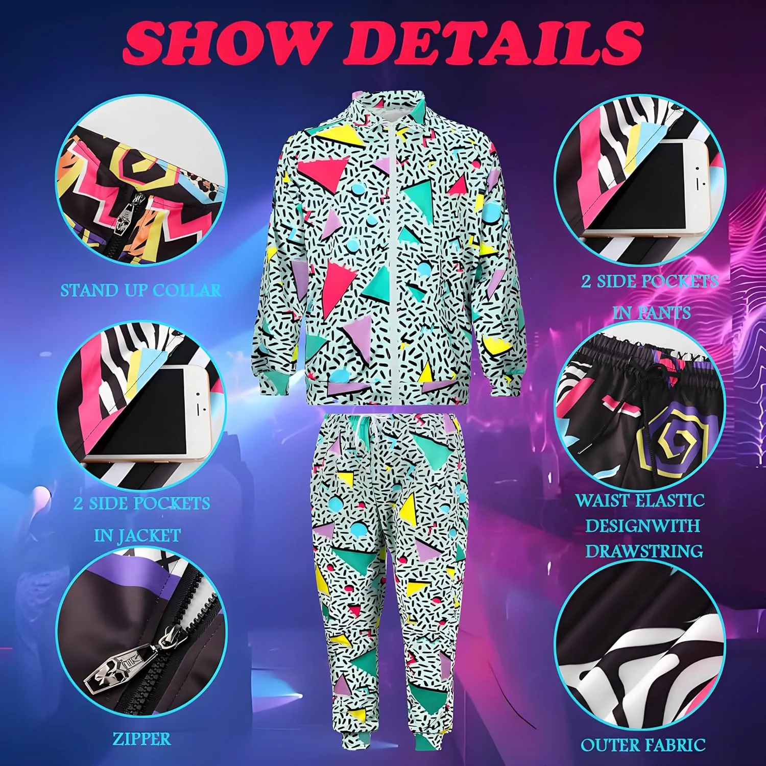 FOTN  3pcs Mens 80s Costumes Retro 80s 90s hip hop Outfit 80s Vintage Tracksuit for Halloween Costume party