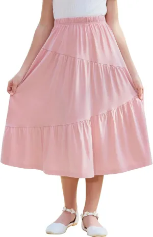 GORLYA Girls Holiday Casual Asymmetrical Tiered Ruffle Hem Long Swing Boho Fancy Maxi Skirt 6-14Y