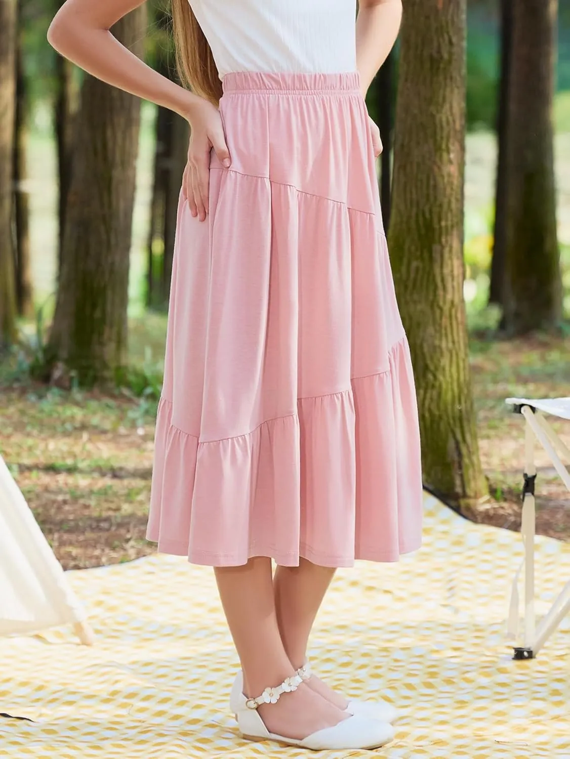 GORLYA Girls Holiday Casual Asymmetrical Tiered Ruffle Hem Long Swing Boho Fancy Maxi Skirt 6-14Y