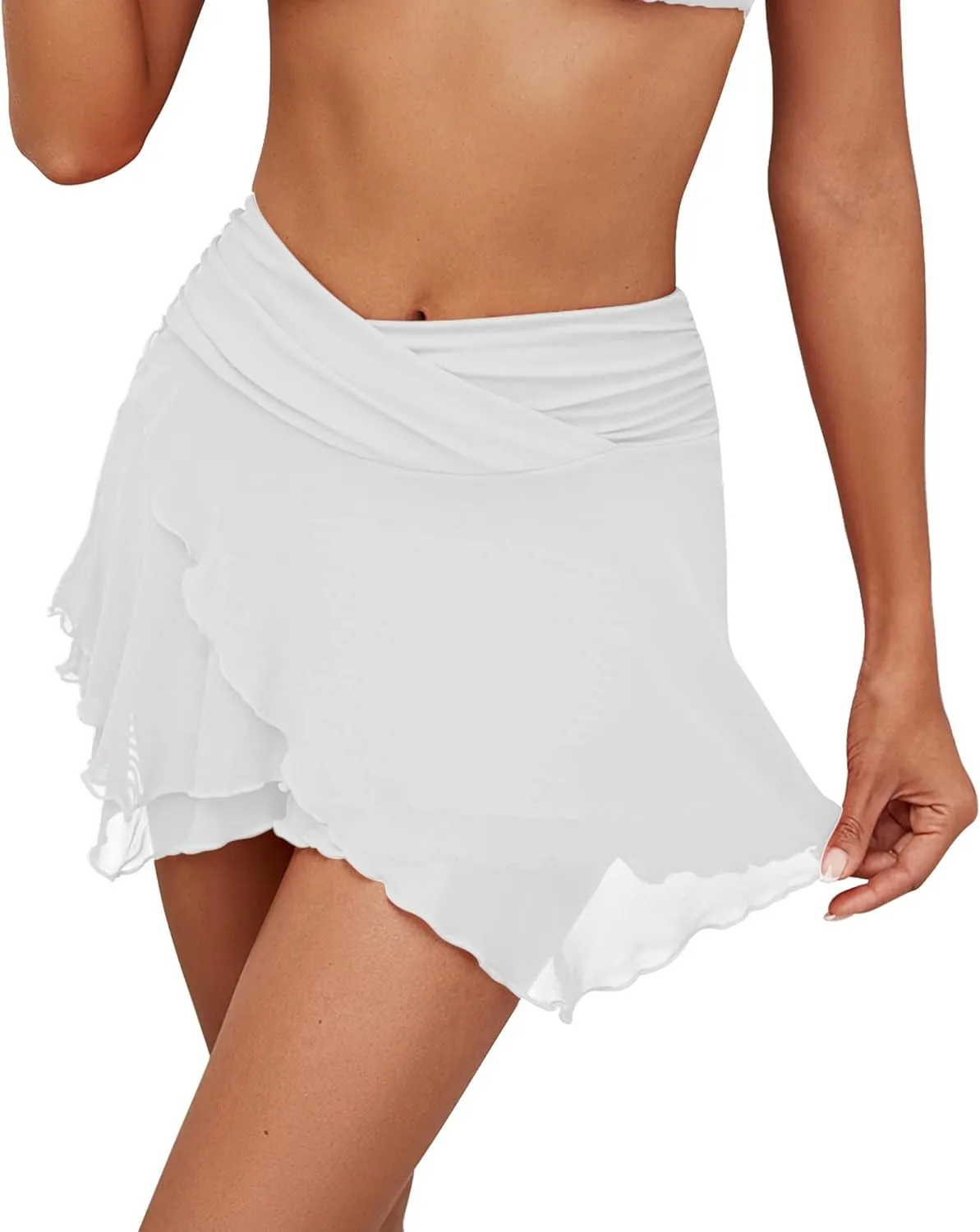 GRAPENT Swim Skirt Bottoms for Women Criss Cross High Waisted Bikini Bottom Layered Mesh Flowy Shorts Bathing Suit Skort