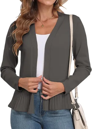 GRECERELLE Women Lightweight Casual Long Sleeves Cropped Cardigan Open Front Peplum Knit Sweater Outwear