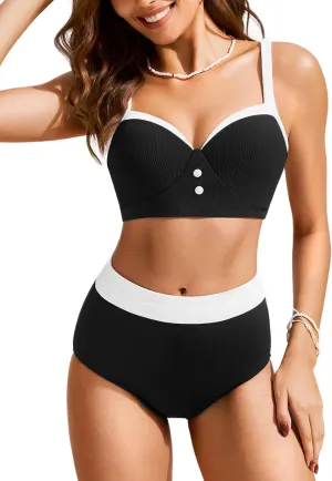 Hanna Nikole Women High Waisted Bikini Sets Ribbed Two Piece Swimsuit Color Block Bathing Suit Tummy Control Lining Swimwear