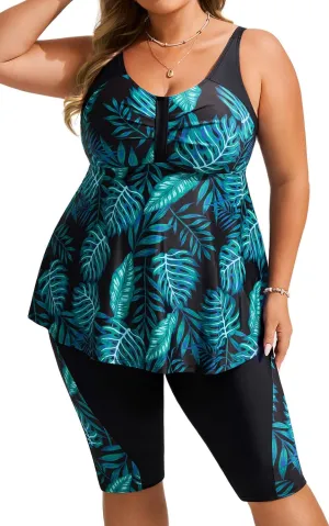Hanna Nikole Women's Plus Size Tankini Swimsuits Two Piece Bathing Suit Flowy Rash Guard Swimwear with Capris Shorts
