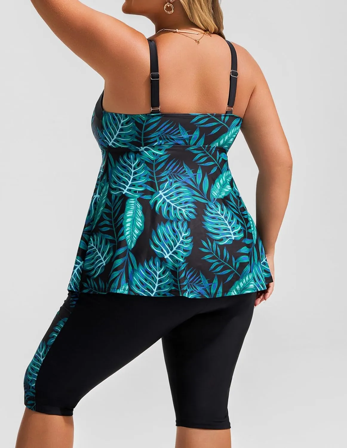 Hanna Nikole Women's Plus Size Tankini Swimsuits Two Piece Bathing Suit Flowy Rash Guard Swimwear with Capris Shorts