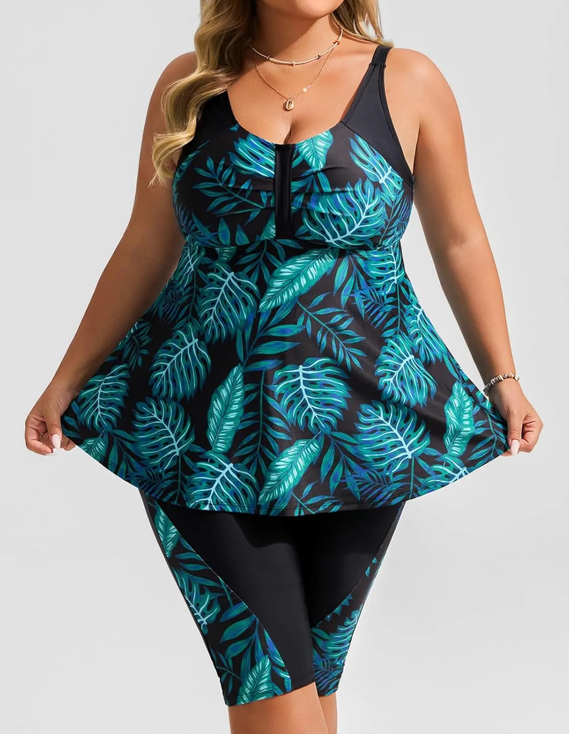 Hanna Nikole Women's Plus Size Tankini Swimsuits Two Piece Bathing Suit Flowy Rash Guard Swimwear with Capris Shorts