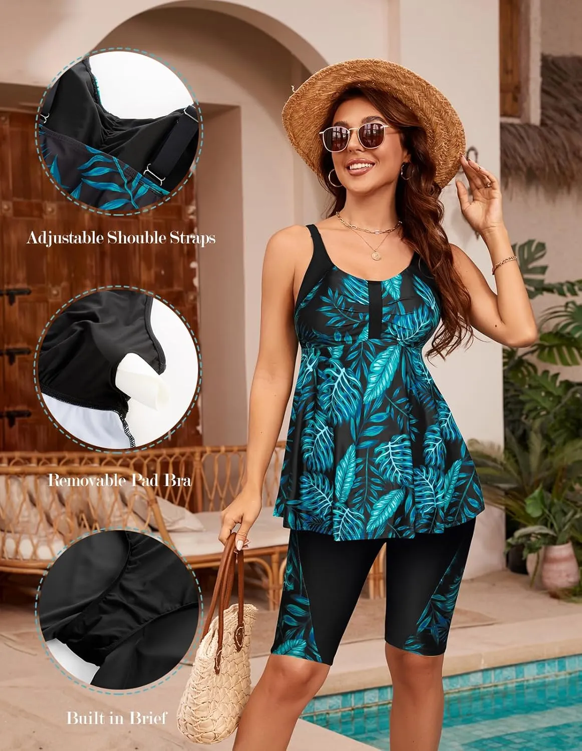 Hanna Nikole Women's Plus Size Tankini Swimsuits Two Piece Bathing Suit Flowy Rash Guard Swimwear with Capris Shorts