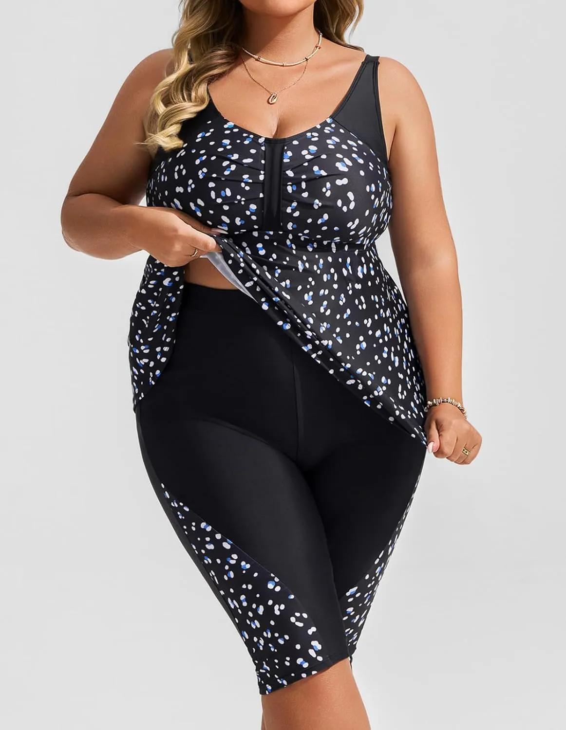 Hanna Nikole Women's Plus Size Tankini Swimsuits Two Piece Bathing Suit Flowy Rash Guard Swimwear with Capris Shorts