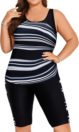 Hanna Nikole Women's Plus Size Tummy Control Tankini Swimsuits Color Block Bathing Suits with Shorts Knee Length